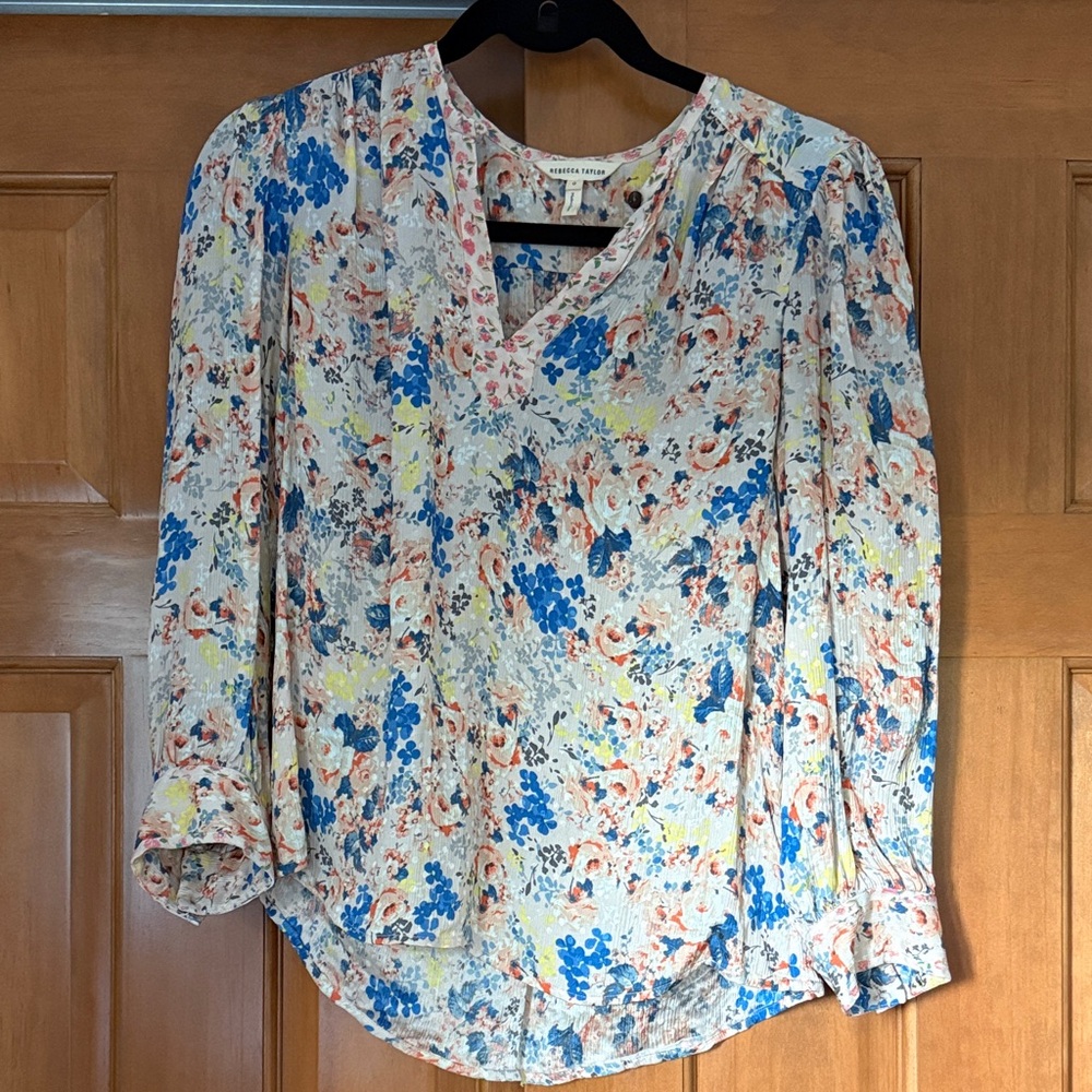 Rebecca Taylor Floral V-Neck Silk Blouse